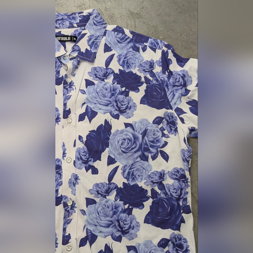St33le Blue Floral Men's Shirt, Medium
